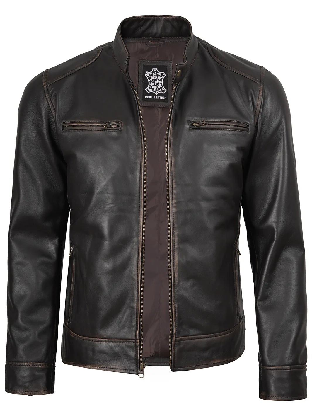 Blouson Cuir Motard Café Racer Homme - Marron Vieilli - Cuir Véritable - Taille Regular