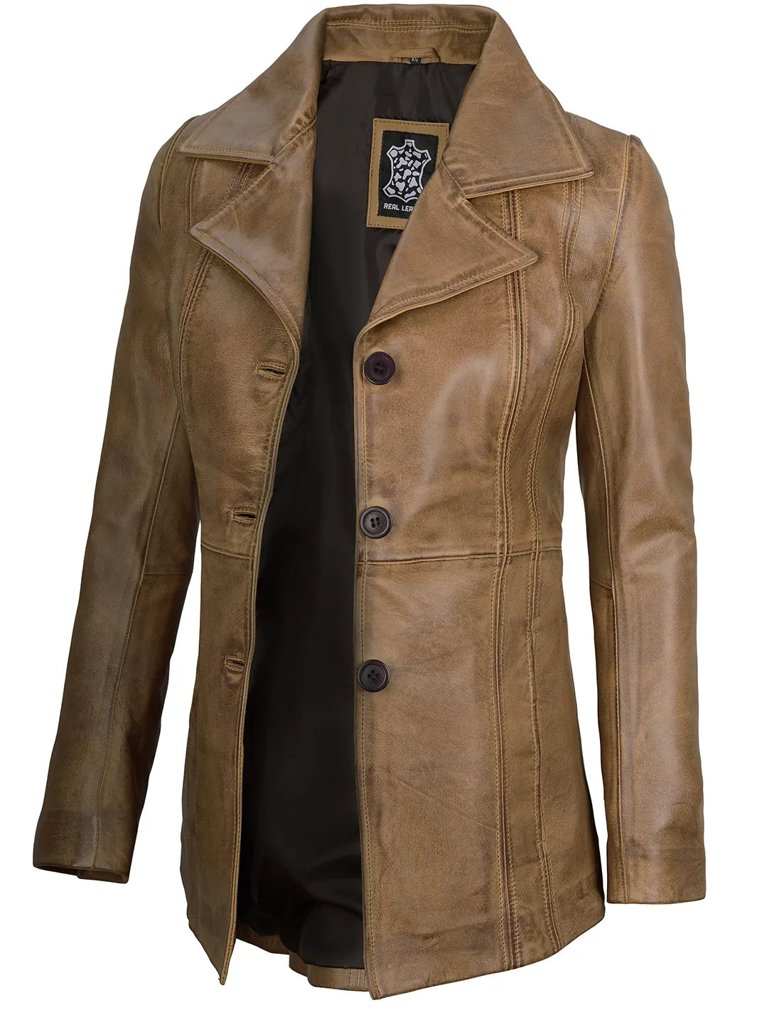 Manteau Femme En Cuir Daim Marron Vintage - Style Long Blazer Un Bouton, Fait Main, Neuf Avec étiquettes, Taille Variable