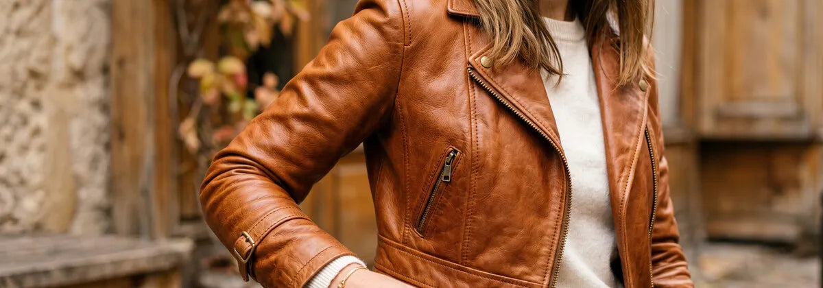 Veste en cuir marron femme