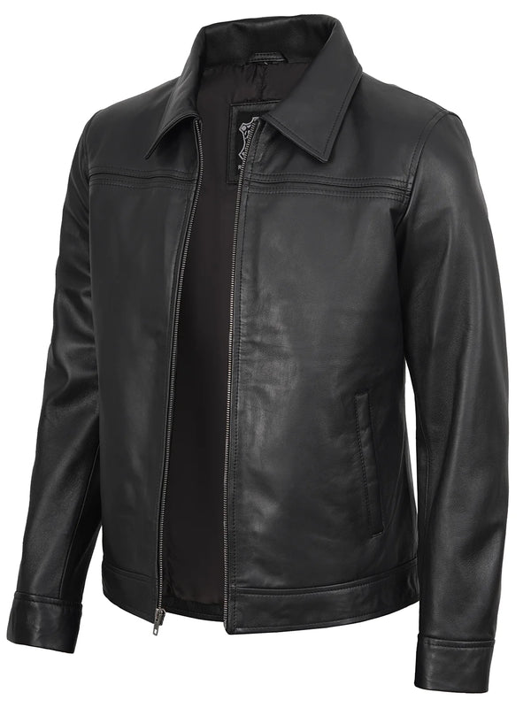 Blouson Harrington en cuir d’agneau noir pour homme