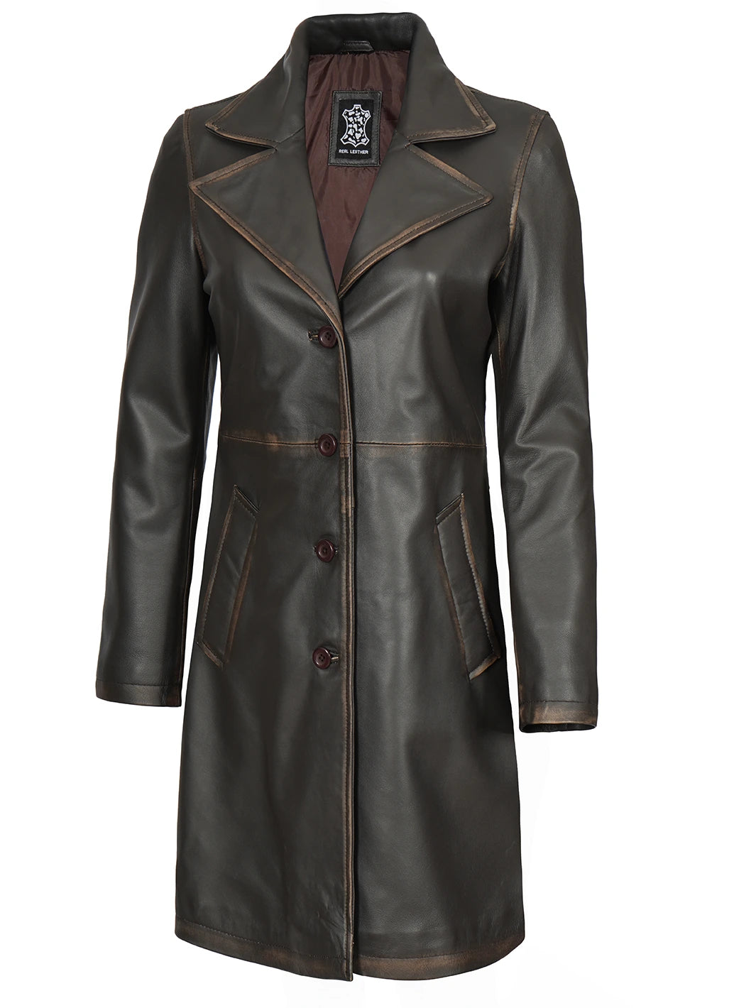 Dark leather coat with brown buttons on a white background