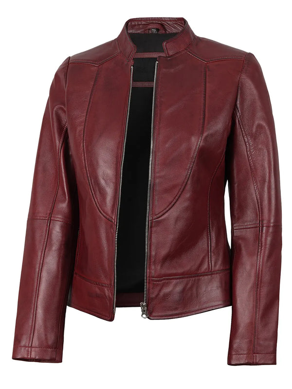 Amy Womens Burgundy Cafe Racer Leather Jacket