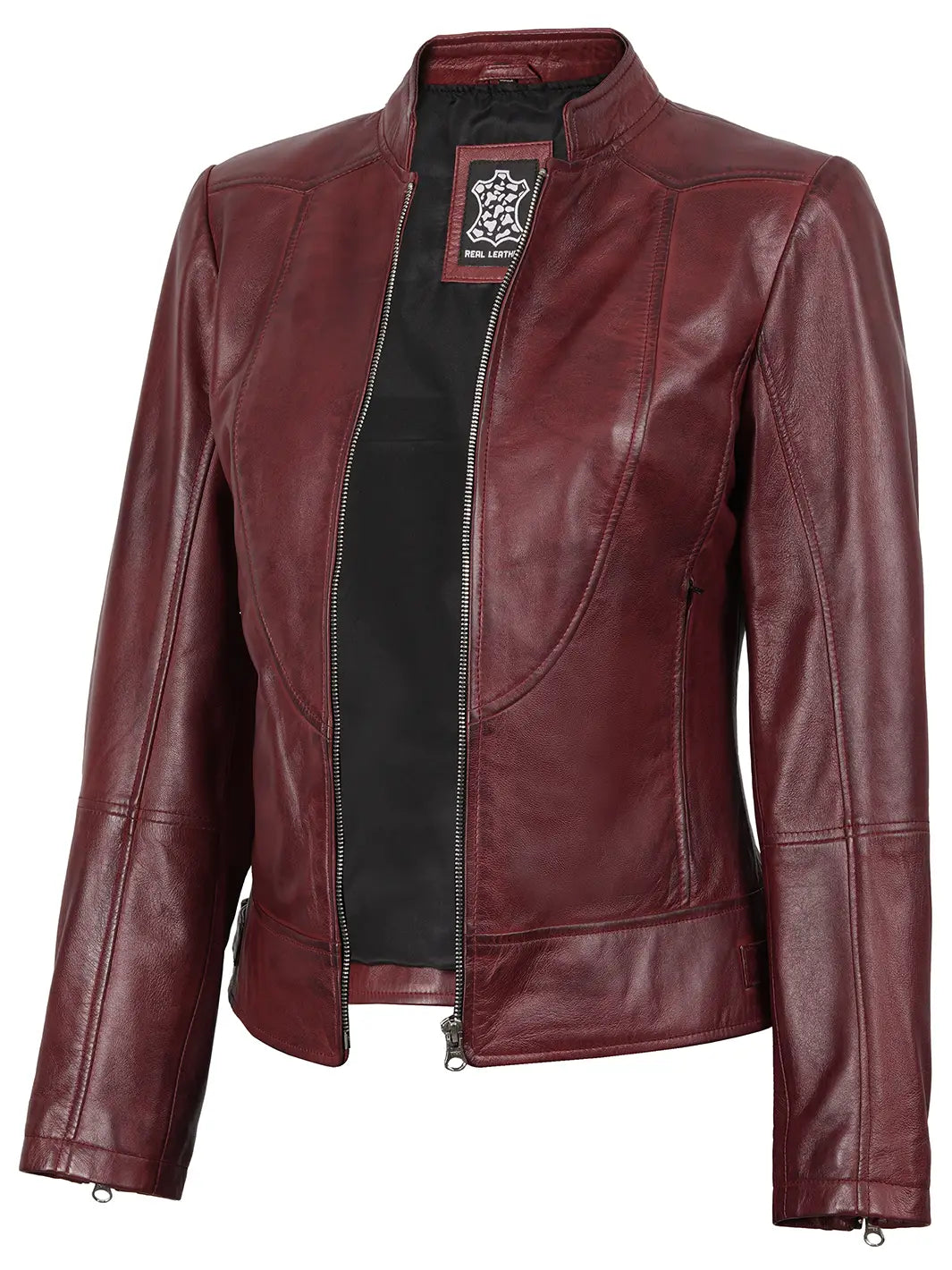 Maroon leather jacket on a white background