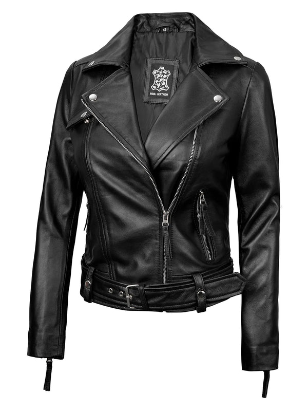 Womens Black Asymmetrical Belted Leather Jacket