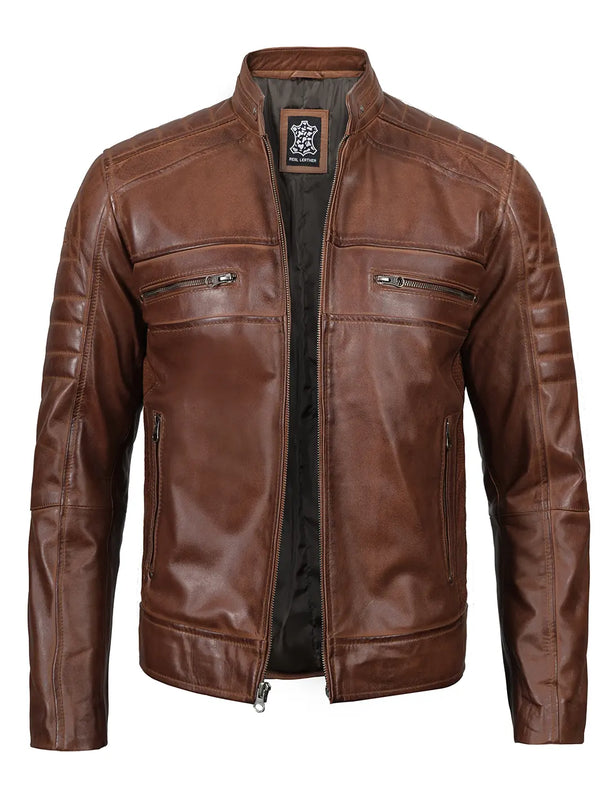 Austin Men Cognac Cafe Racer Leather Jacket