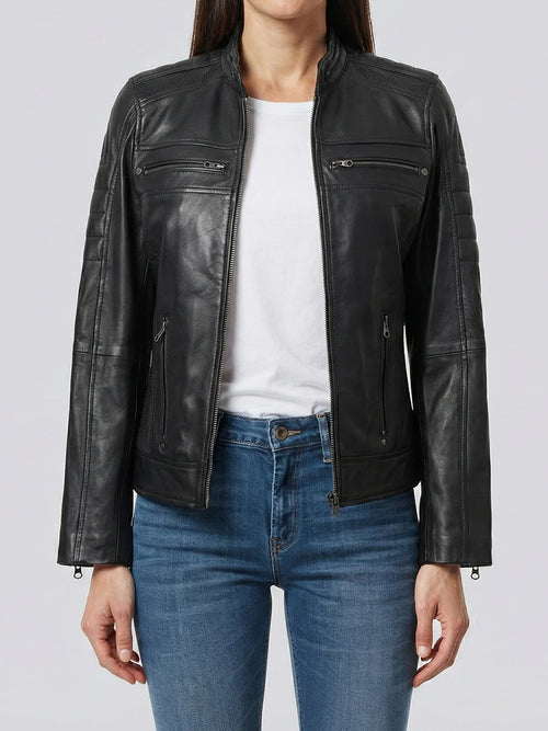 Austin Women's Black Cafe Racer Style Leather Jacket