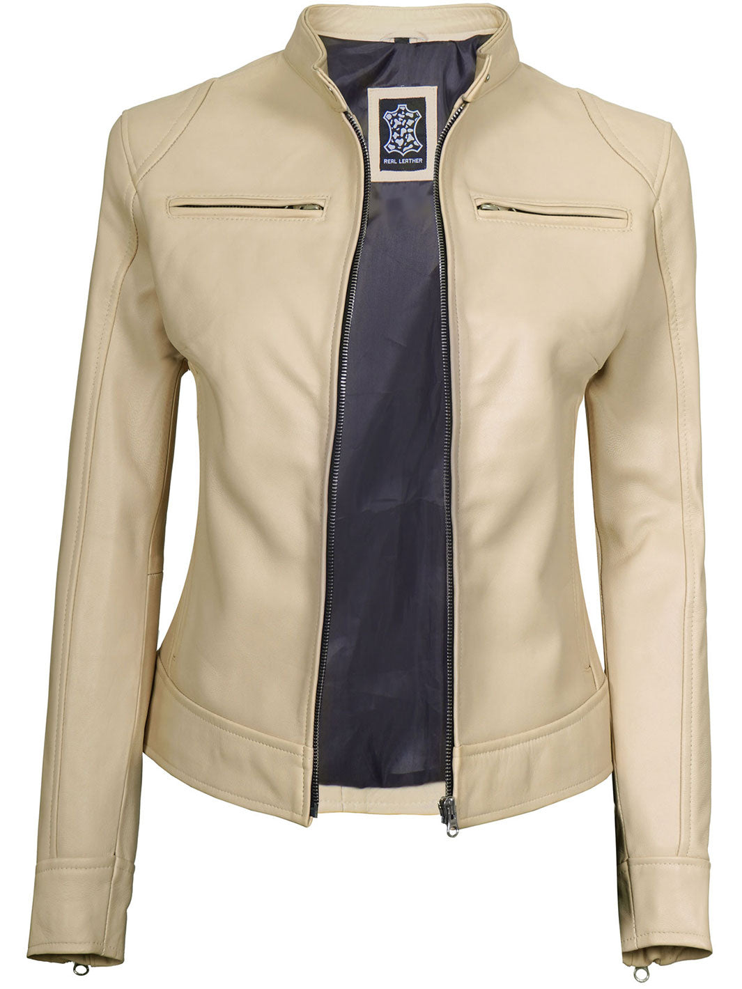 Dodge Women's Beige Leather Cafe Racer Motorcycle Jacket decrumnew