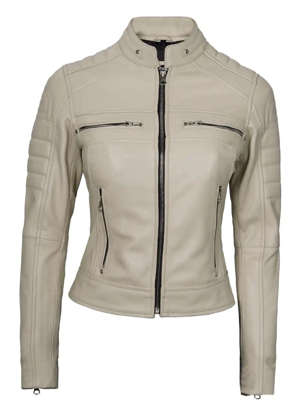 Womens beige cafe racer leather jacket