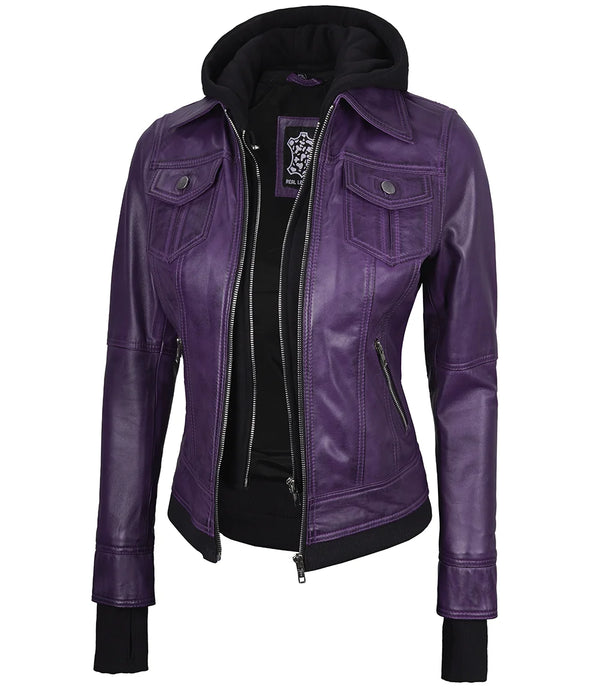 Betty Women's Purple Leather Jacket with Removable Hood

