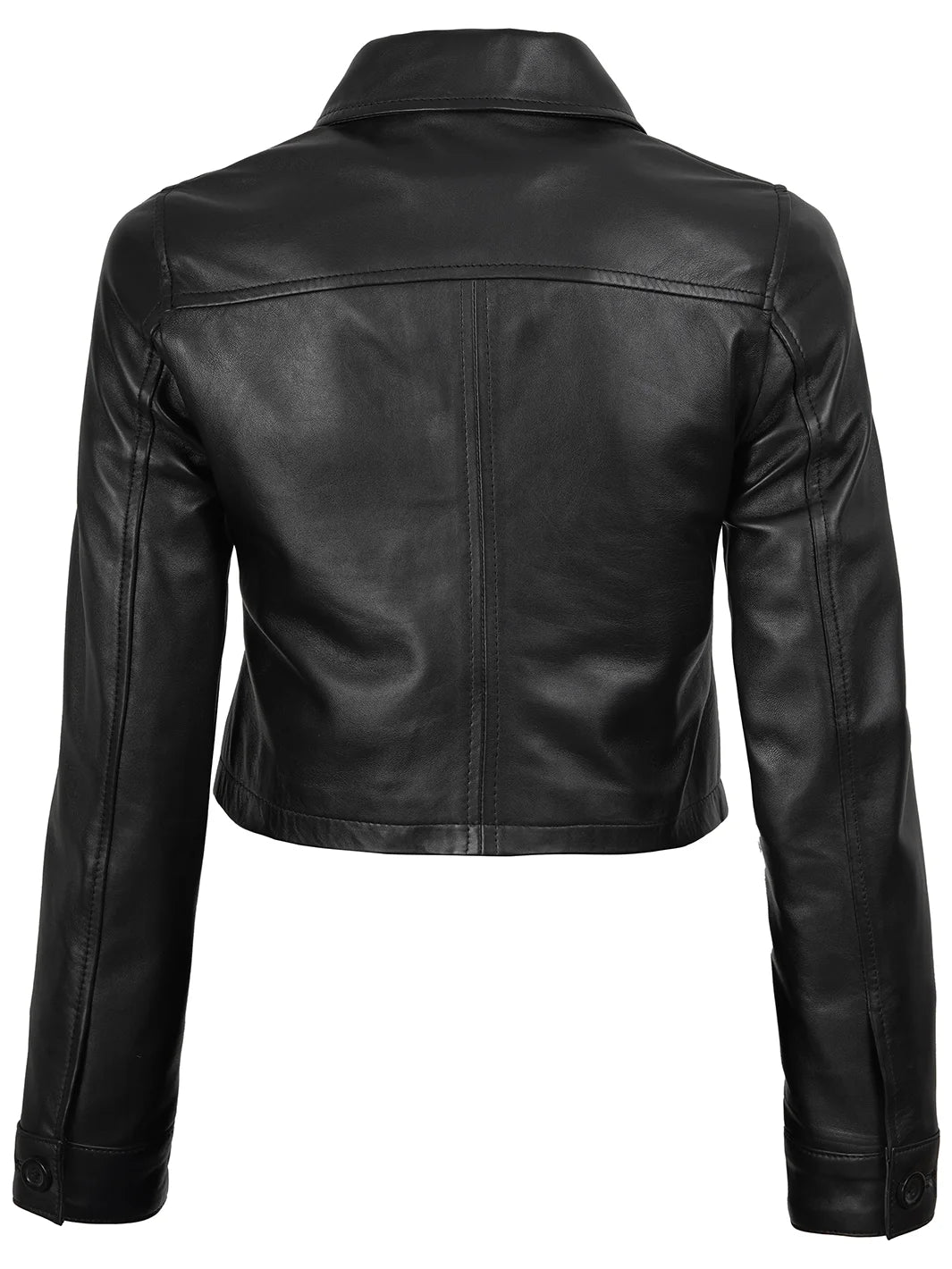 Womens Black Cropped Leather Jacket Shirt Collar