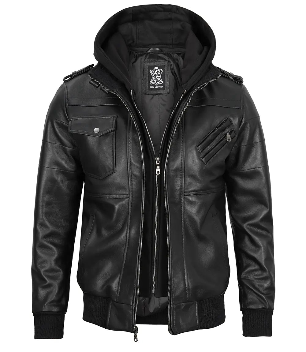 Hooded leather jacket mens