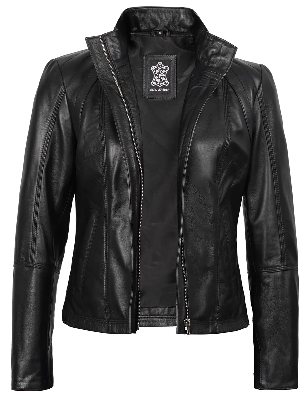 Black Leather Cafe Racer Biker Jacket womens
