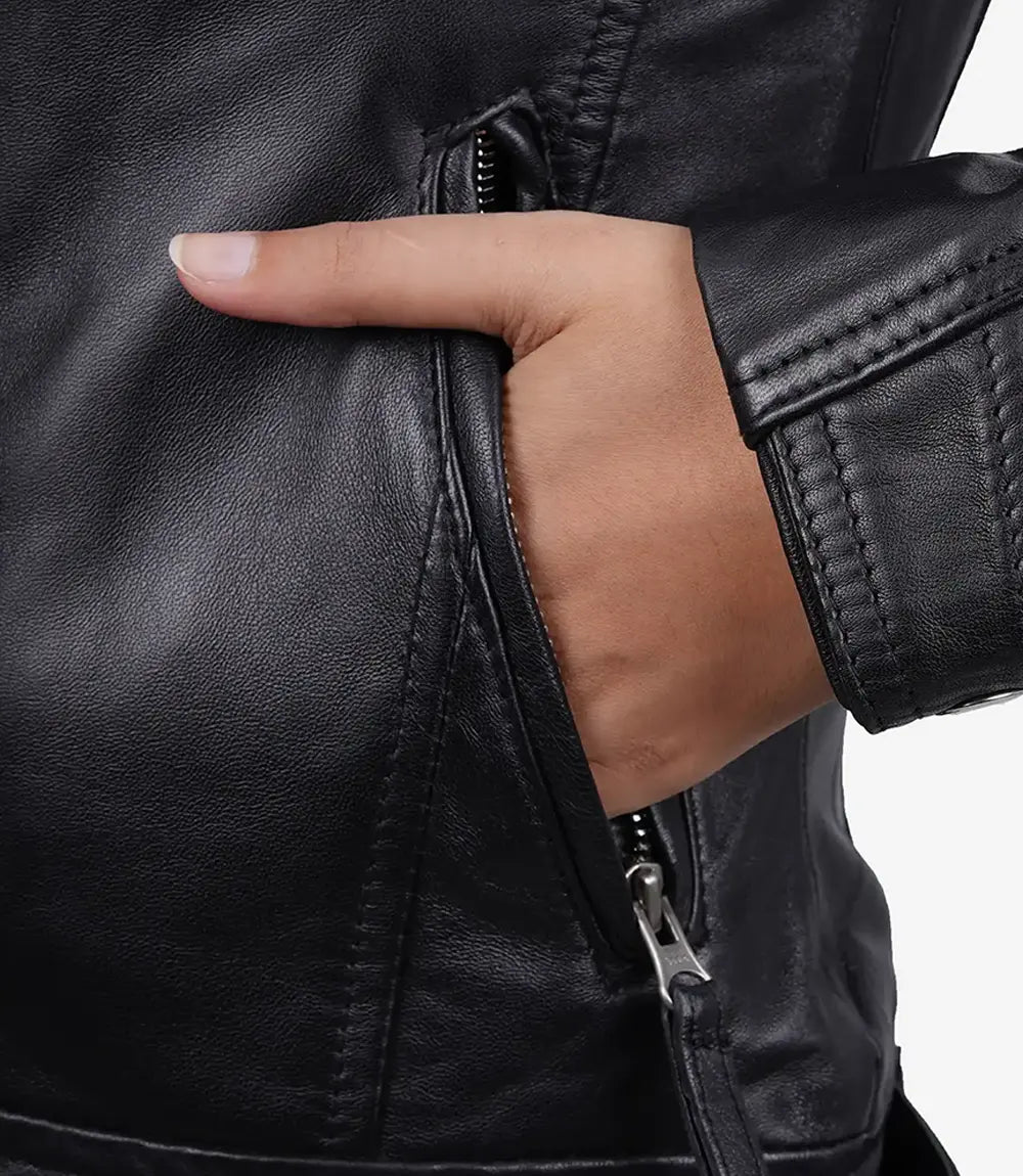 Black Quilted Cafe Racer Leather Jacket Womens