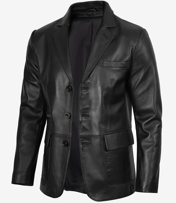 Black Three Button Mens Real Leather Blazer