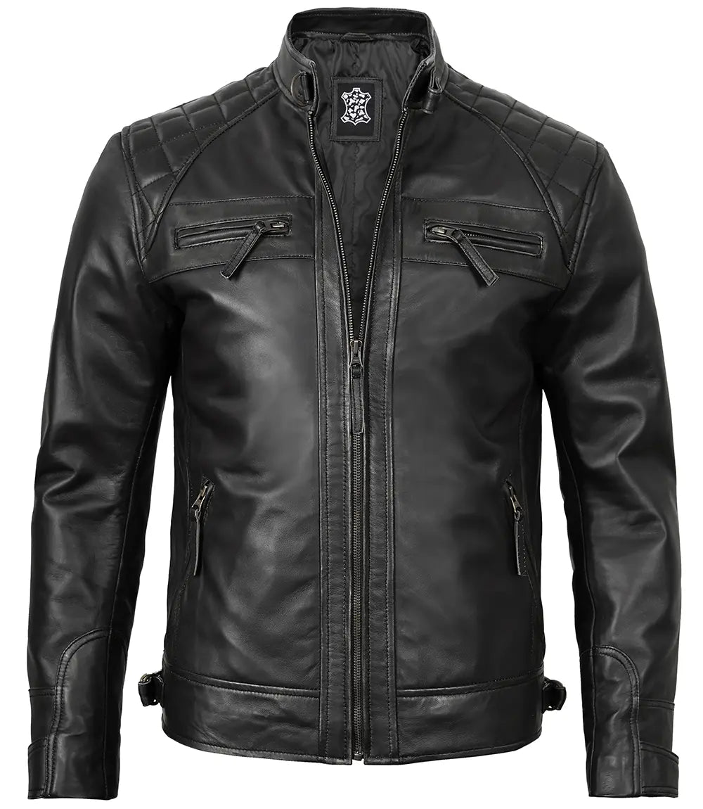 Black cafe racer leather jacket mens