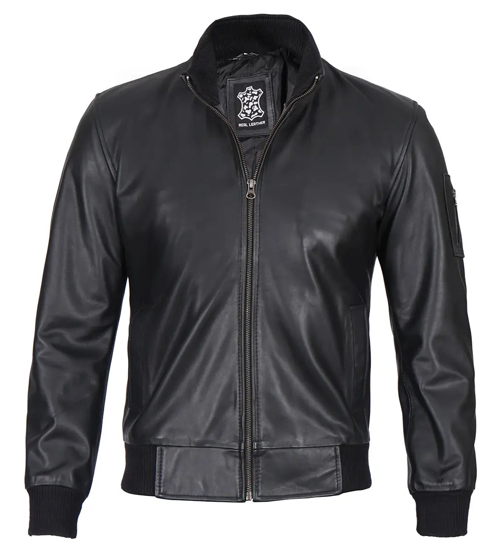 Black leather bomber jacket