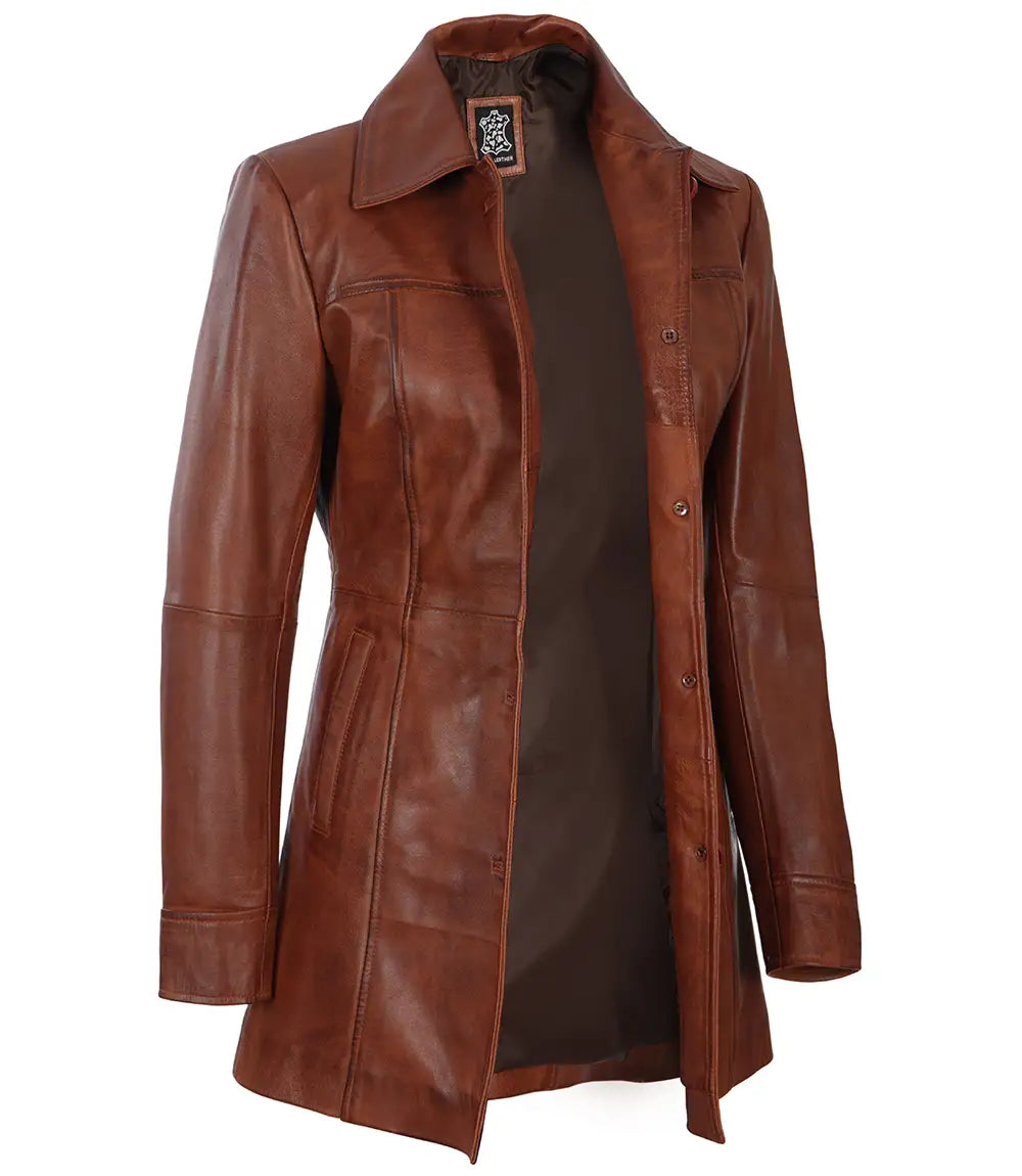 Brown Cognac Leather Car Coat