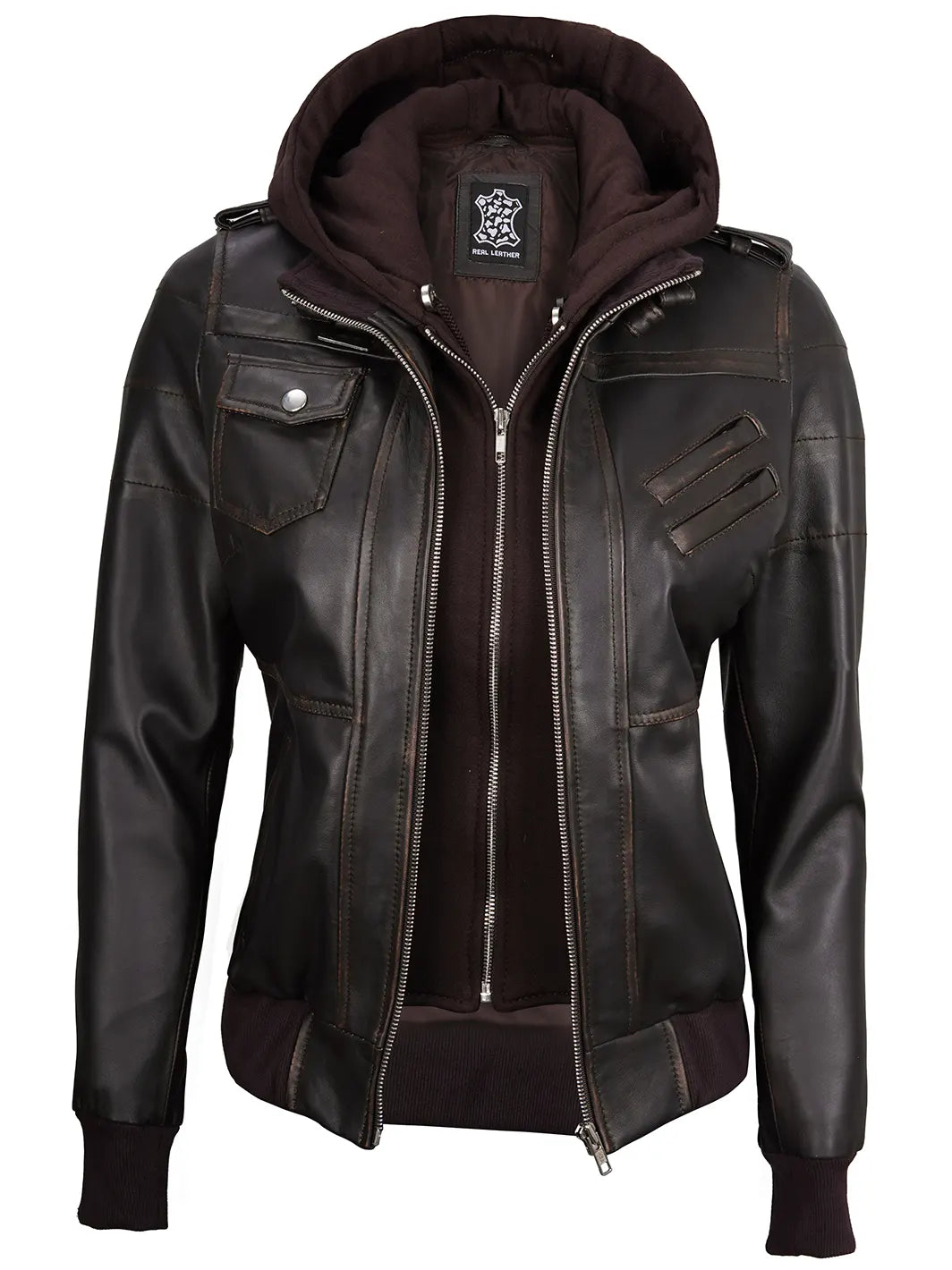 Brown leather bomber jacket