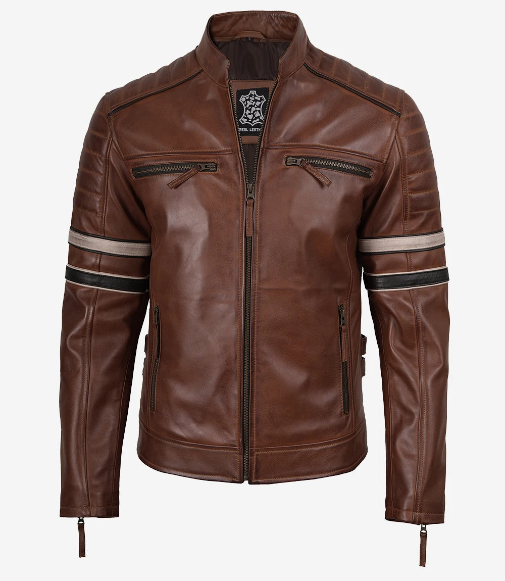 Cognac Brown Leather Biker Jacket with Dual Stripes Mens