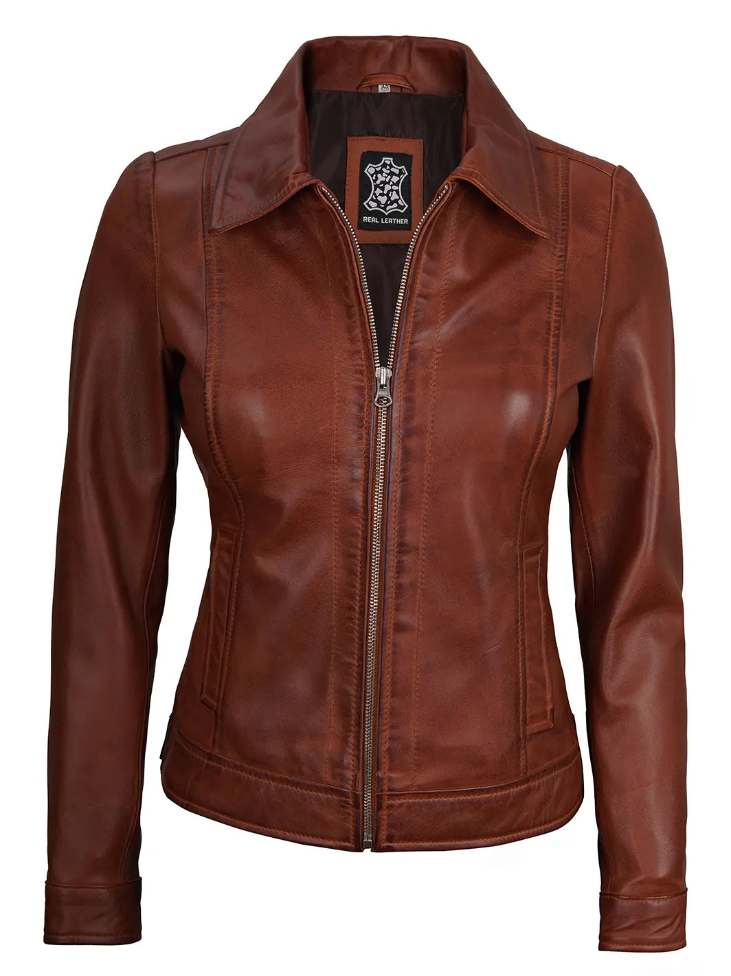 Cognac wax leather jacket for women