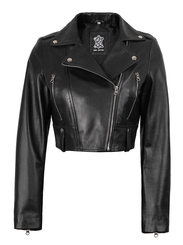 Colleen Women's Black Biker Cropped Leather Jacket