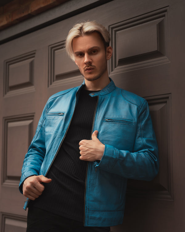 Veste en cuir bleu Dodge Cafe Racer pour homme 