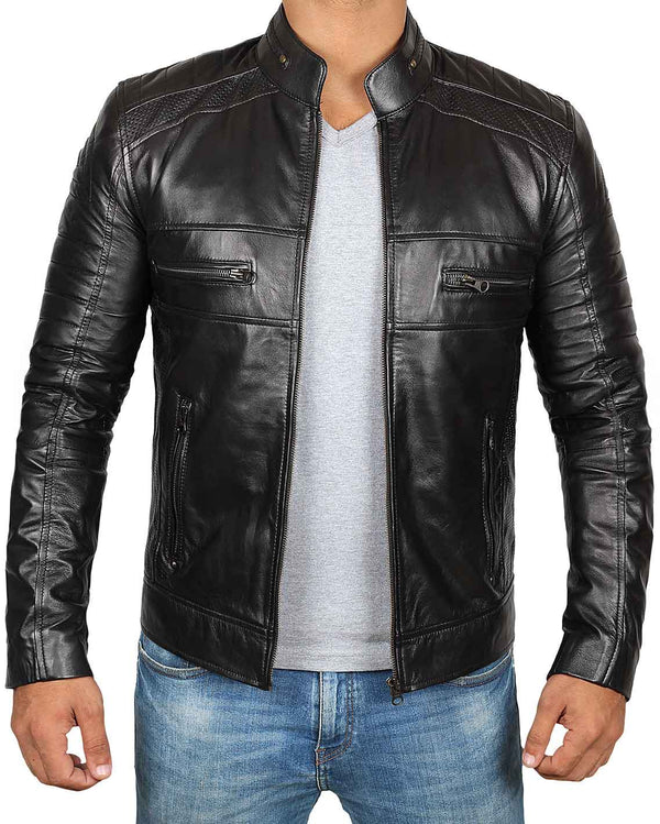 Black Cafe Racer Leather Jacket