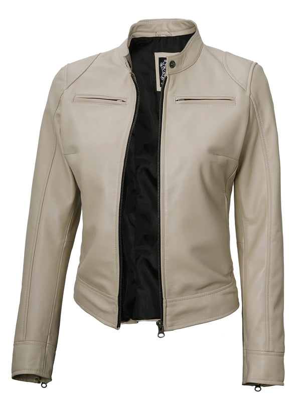 Dodge Beige Leather Cafe Racer Jacket Womens 
