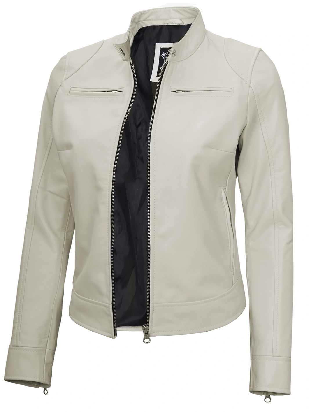 Dodge Off White Cafe Racer Leather Jackets Women's 
