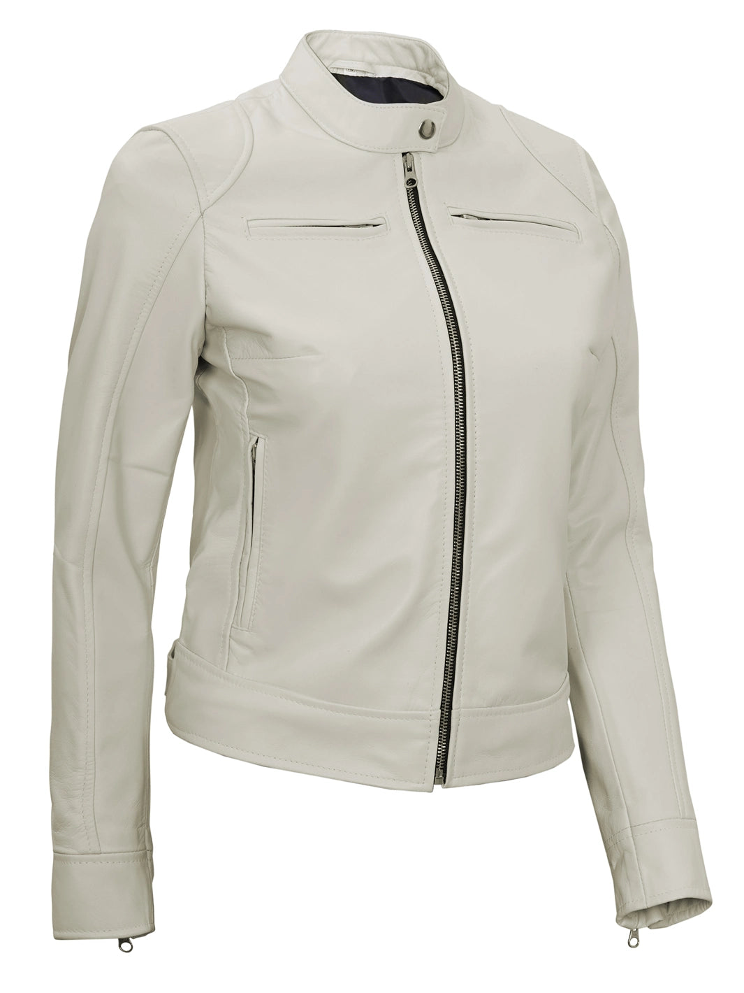Dodge Off White Cafe Racer Leather Jackets for Womens 