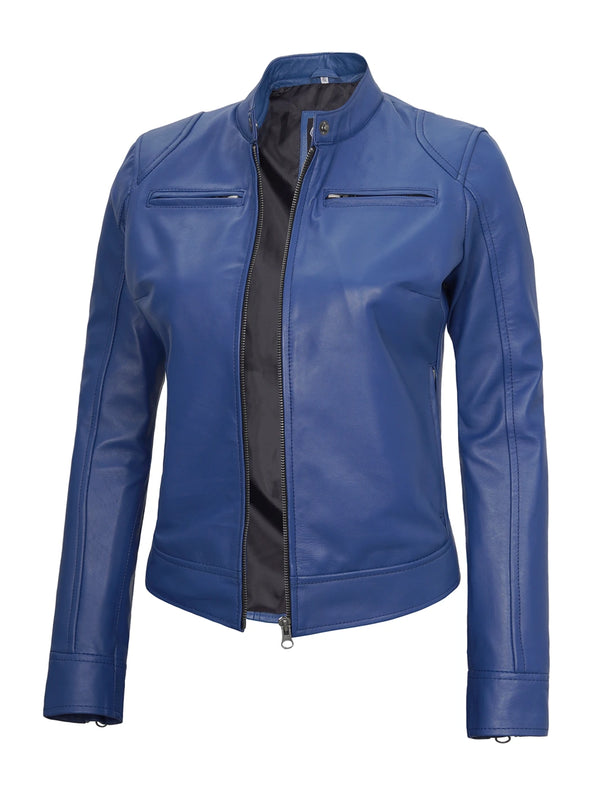 Dodge Women's Blue Leather Cafe Racer Jacket