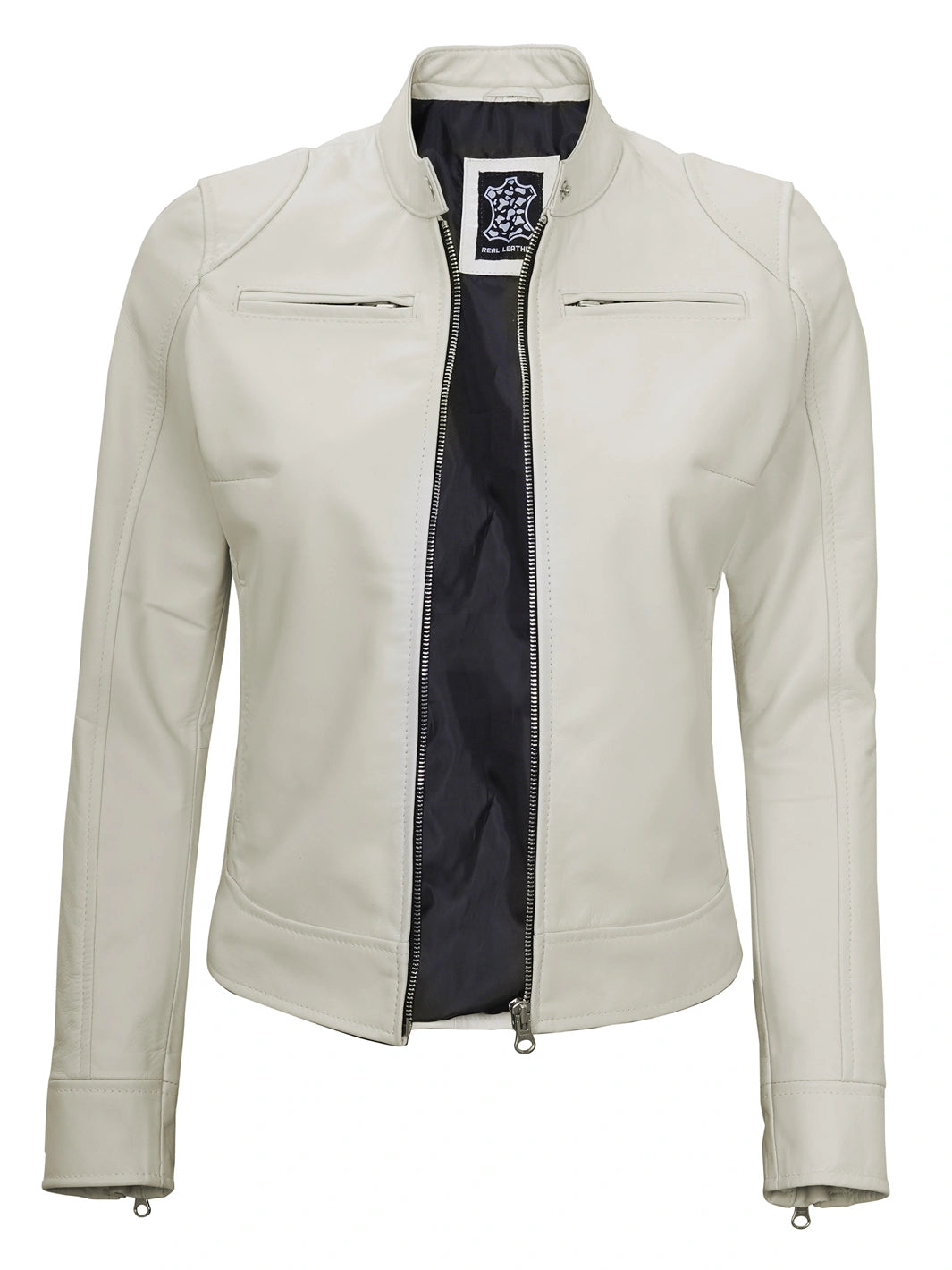 Dodge Women's Off White Cafe Racer Leather Jacket