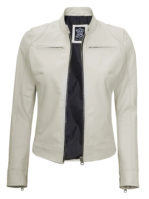 Dodge Women's Off White Cafe Racer Leather Jacket