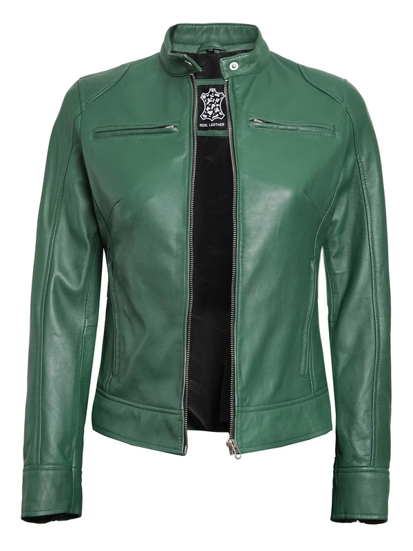 Dodge Womens Motorcycle Green Leather Jacket