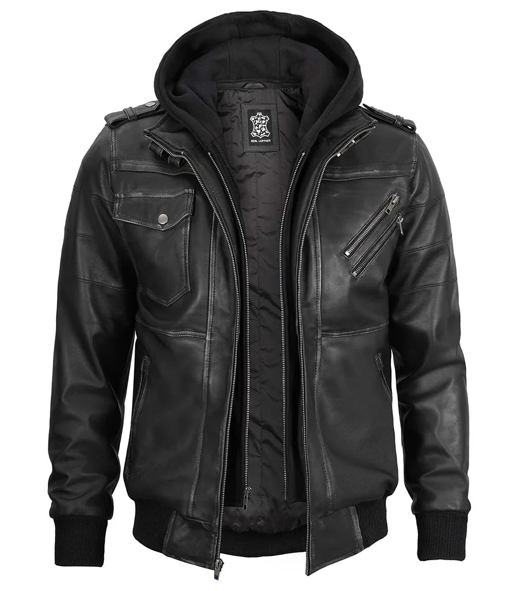 Grey Mens Leather Bomber Jacket