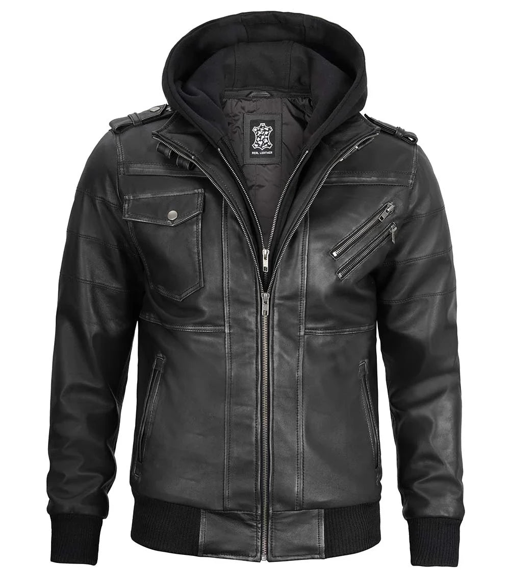 Grey Mens Leather Bomber Jacket with Removable Hood