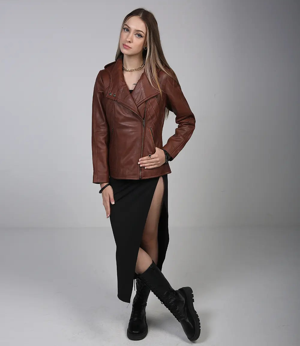 Hooded brown leather jacket for women