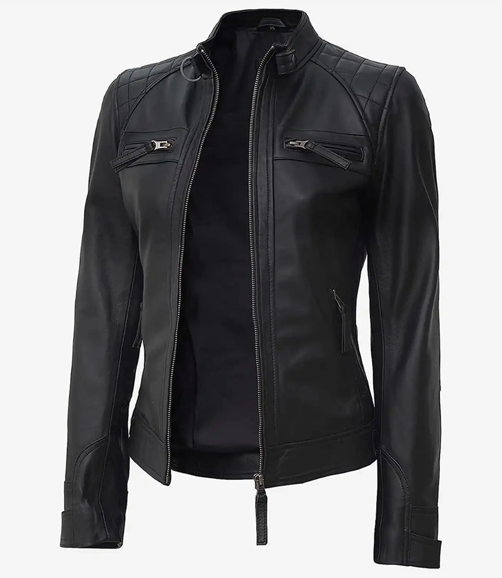 Johnson Women Black Quilted Biker Leather Jacket
