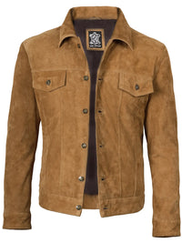Logan Light Brown Real Trucker Suede Jacket Mens