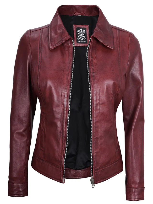 Veste Harrington en cuir, bordeaux pour femme