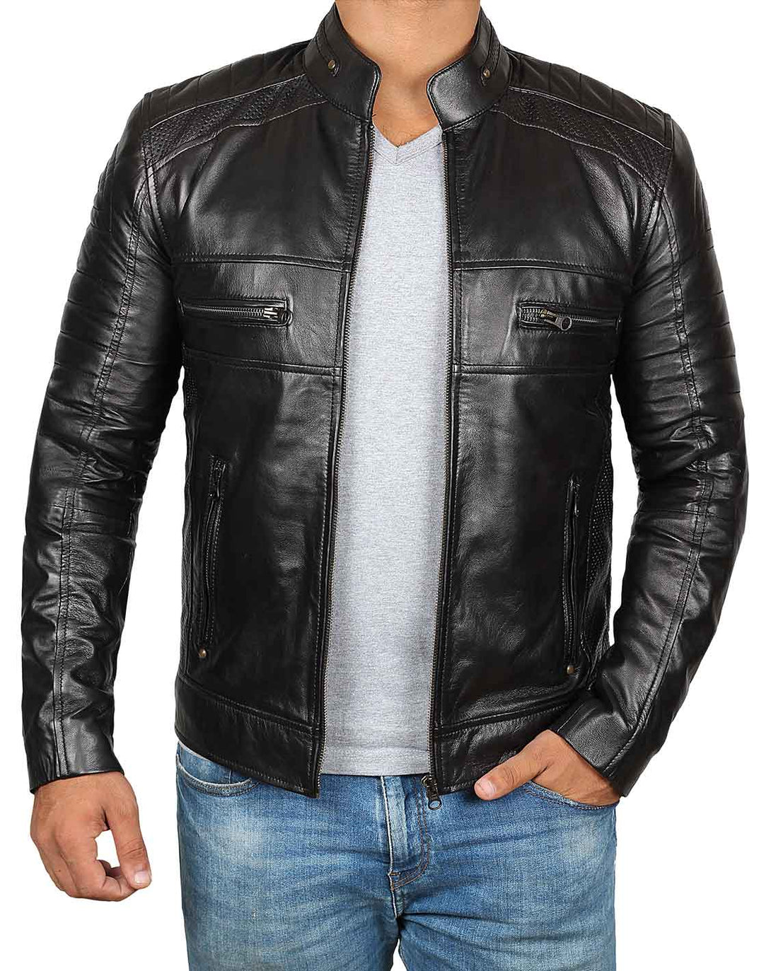 Mens Tall Black Cafe Racer Leather Jacket