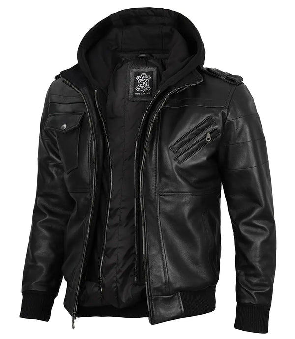 Men's Black Bomber Jacket with Removable Hood