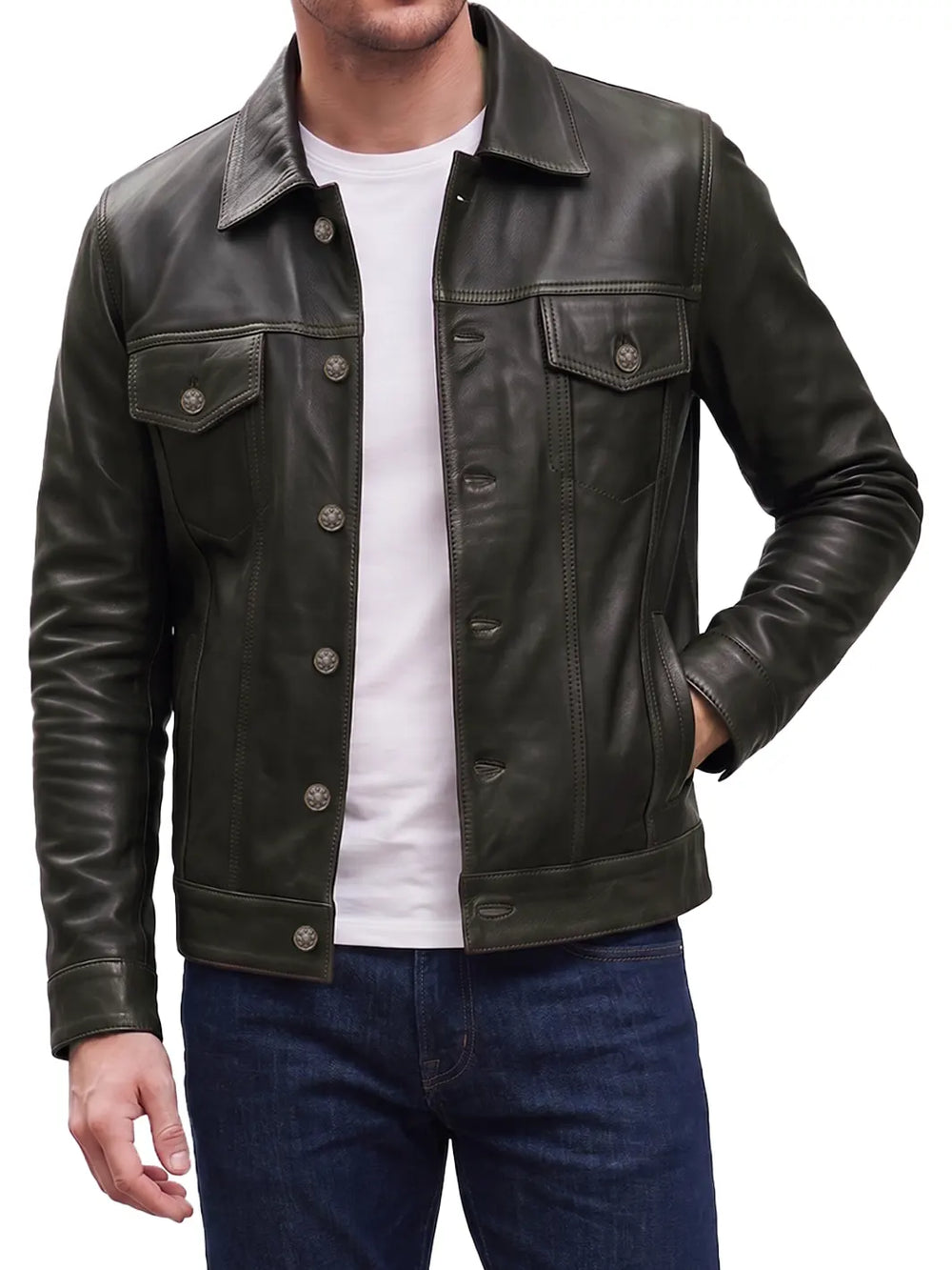 Veste Trucker en cuir marron foncé pour homme