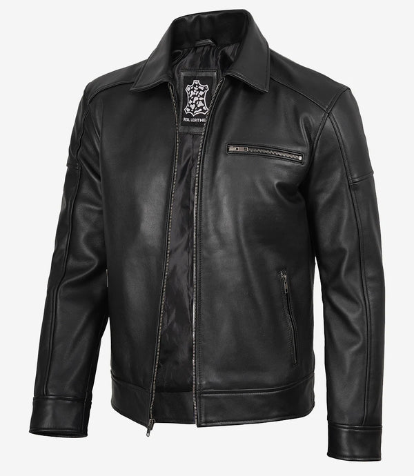 Mens Black Leather Jacket Shirt Collar Style