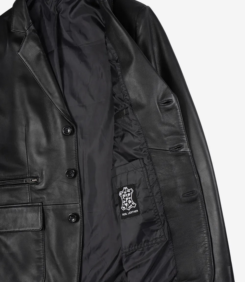 Decrum Men's Black Three Button Real Leather Blazer