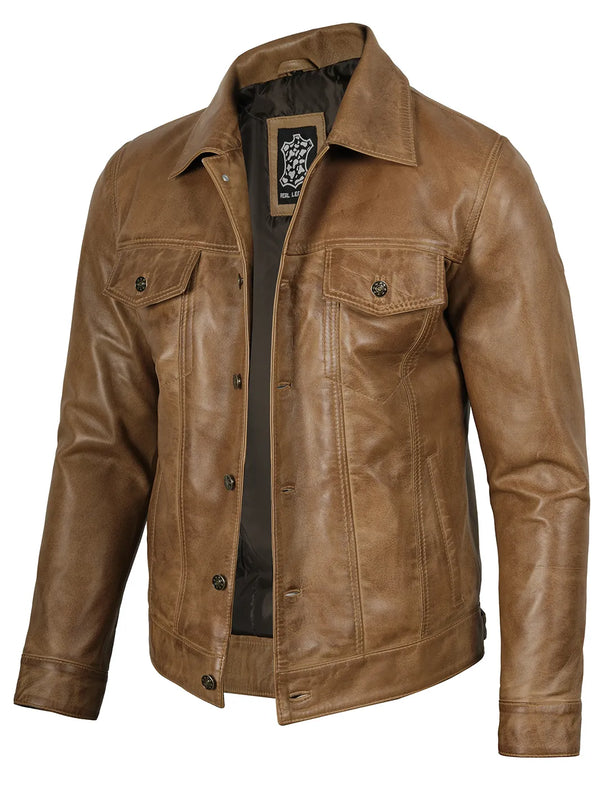 Mens Camel Brown Trucker Leather Jacket