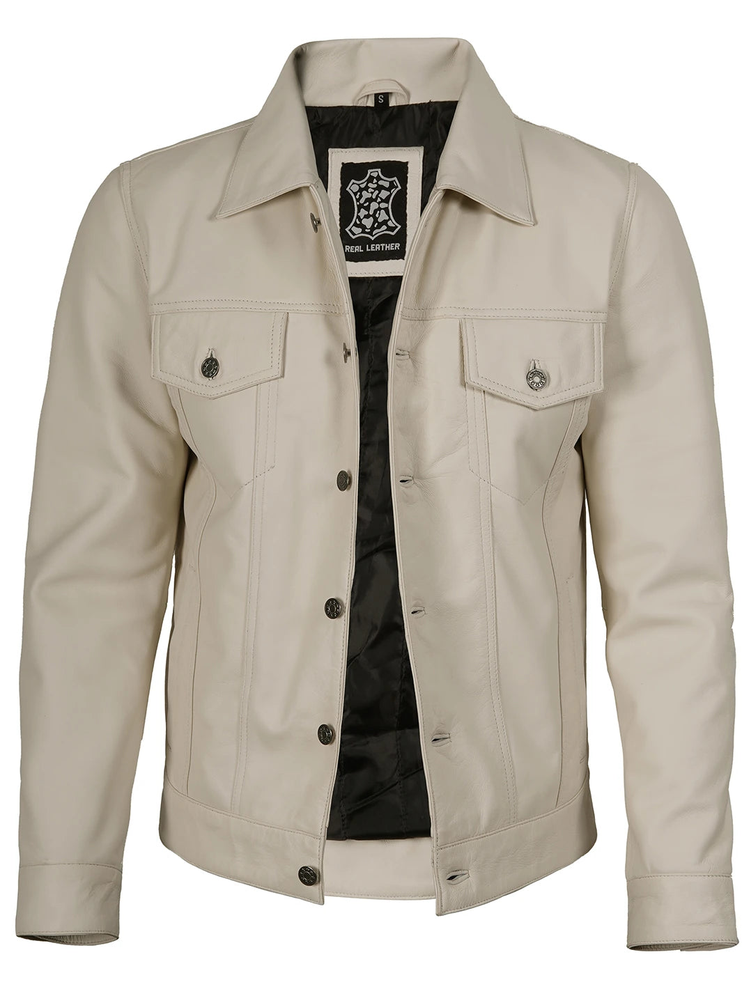 Mens Leather Trucker Jacket Off White