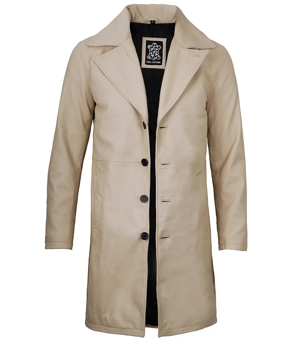 Mens real leather beige car coat