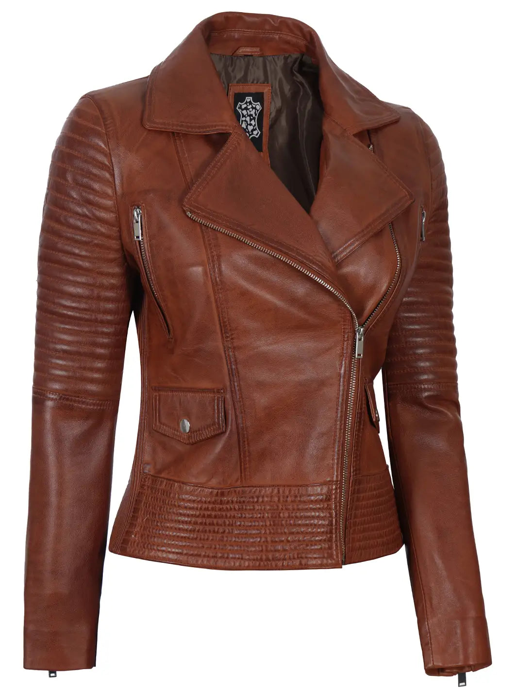 Gal gadot Womens Asymmetrical Cognac Wax Motorcycle Leather Jacket Decrum