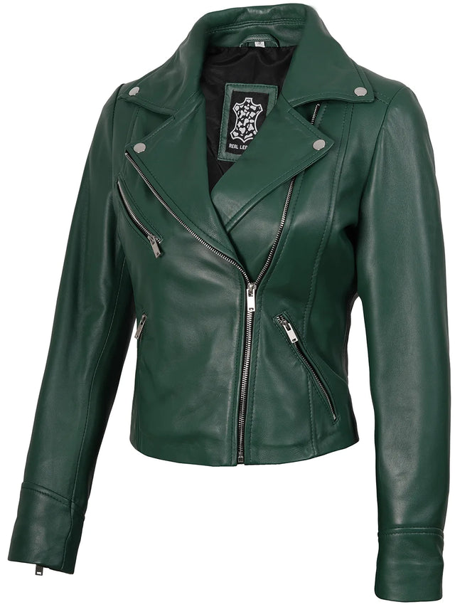 Asymmetrisk biker-skinnjacka grönt (Femme)